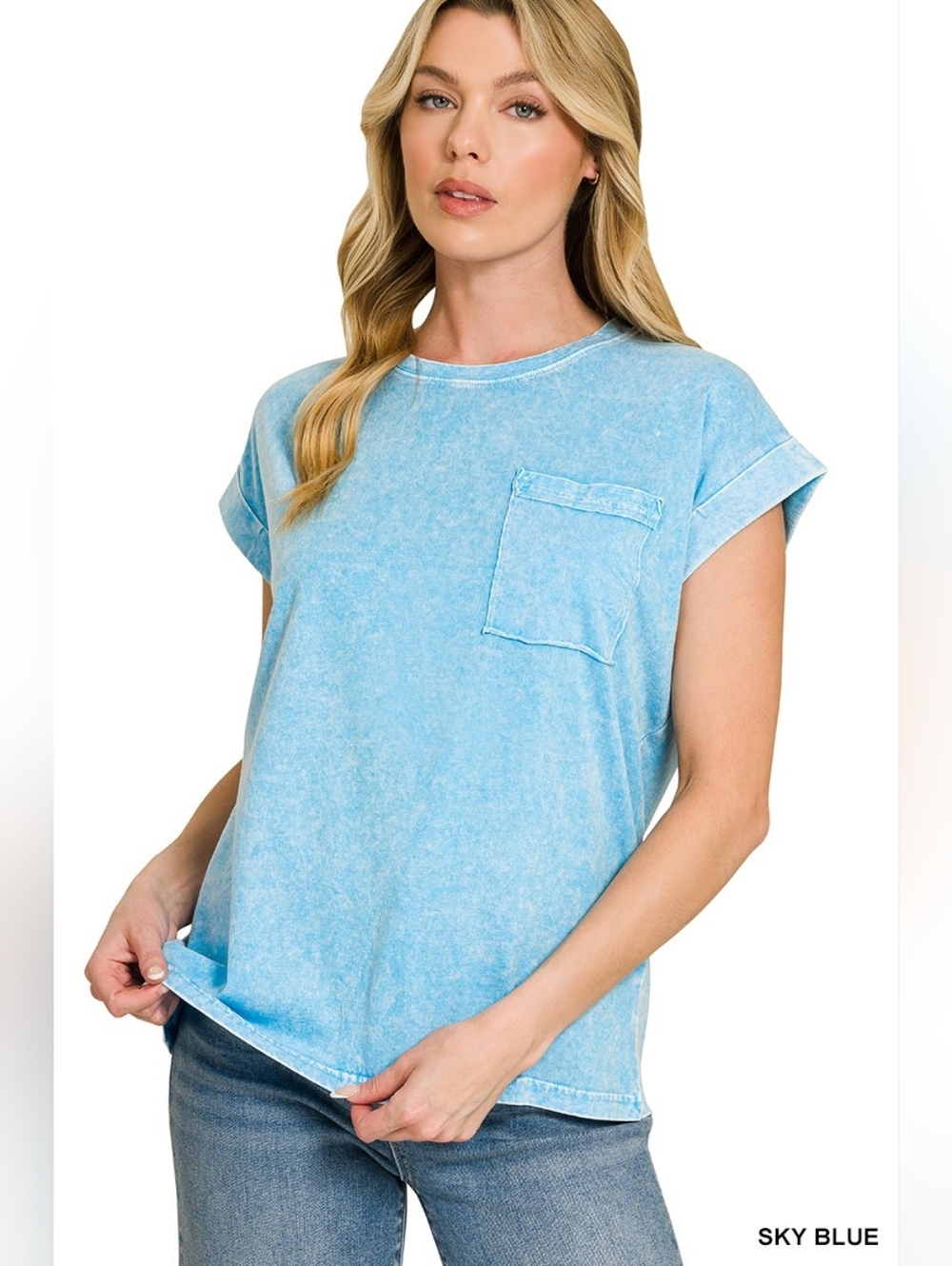 Zenana Halo Snow Washed Cuffed Short Sleeve Tee